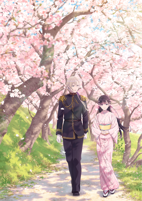 Cover art for My Happy Marriage anime featuring Miyo Saimori in Meiji-era dress